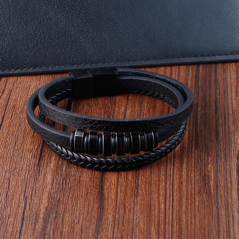 THE MEN THING Leather Bracelet NOIR BRAID BLACK - Genuine Leather Multi-Layer Braided Bracelet with Stainless Steel Magnetic Buckle for Men & Boys (8 inch)