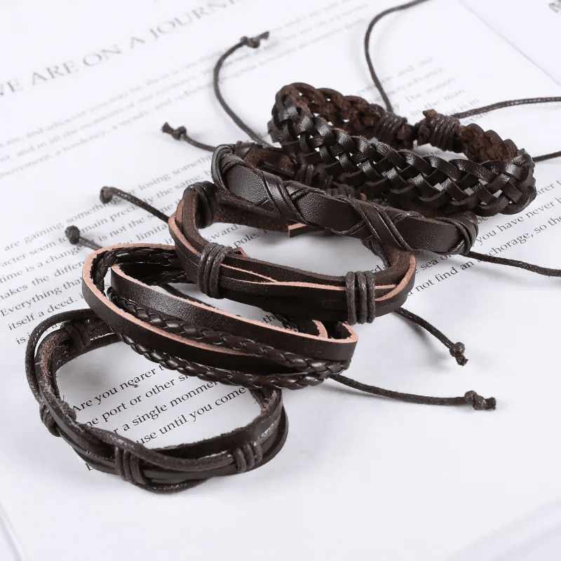 THE MEN THING Leather Bracelet NOMAD KNOTS - 5 Pcs Genuine Braided Leather Bracelet Set for Men & Boys (8 inch)