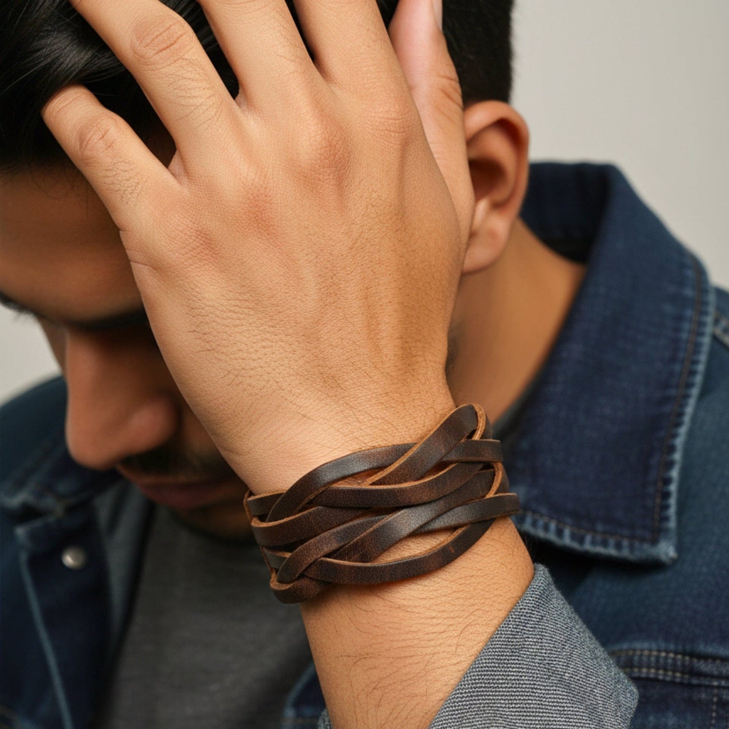 THE MEN THING Leather Bracelet NOMAD WEAVE - 40mm Brown Genuine Leather Adjustable Bracelet for Men & Boys (9.5 inch)