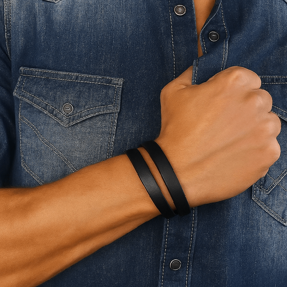 THE MEN THING Leather Bracelet OUTBACK BLACK - Genuine Leather Adjustable Cuff Bracelet with Stainless Steel Hook for Men & Boys