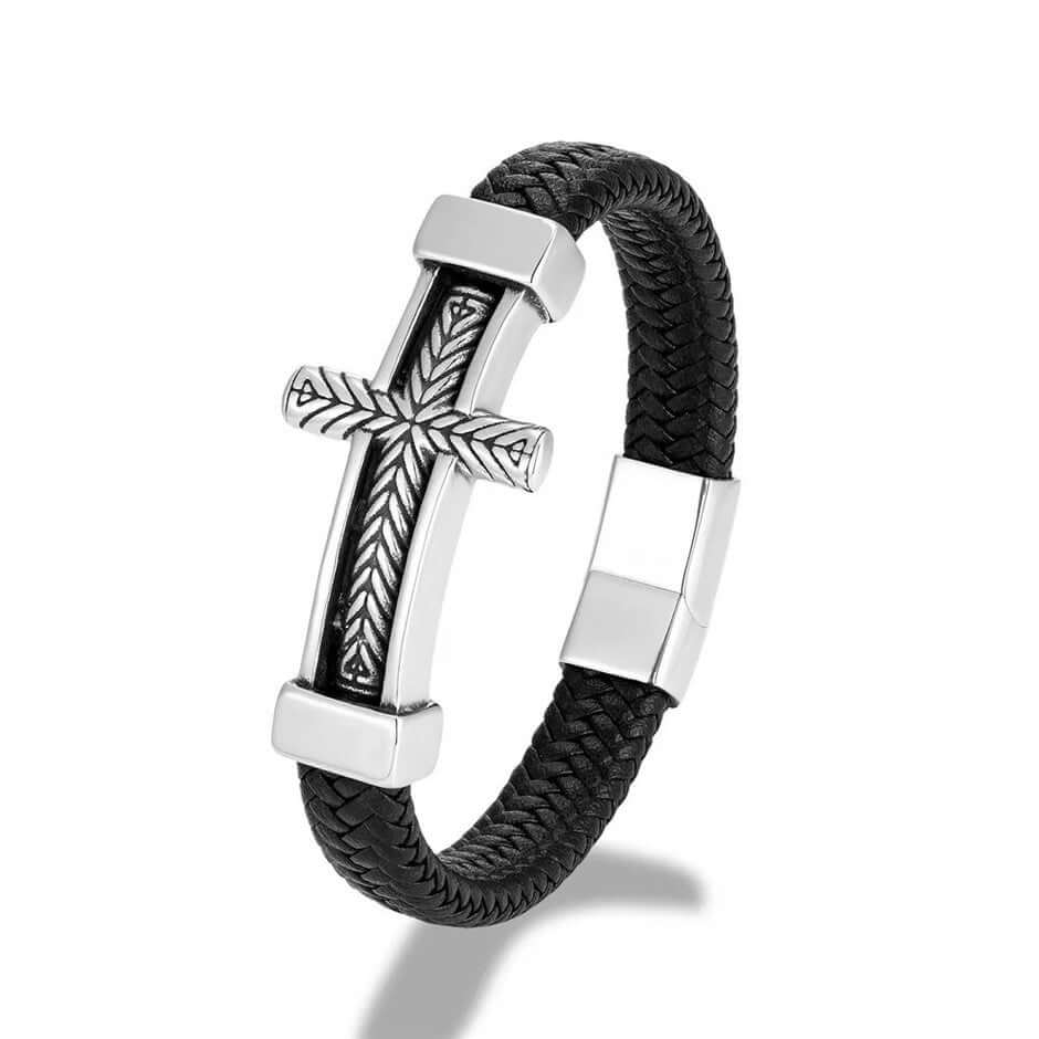 THE MEN THING Leather Bracelet PALADIN CROSS BLACK - Genuine Leather Braided Bracelet with Stainless Steel Magnetic Buckle for Men & Boys (8 inch)