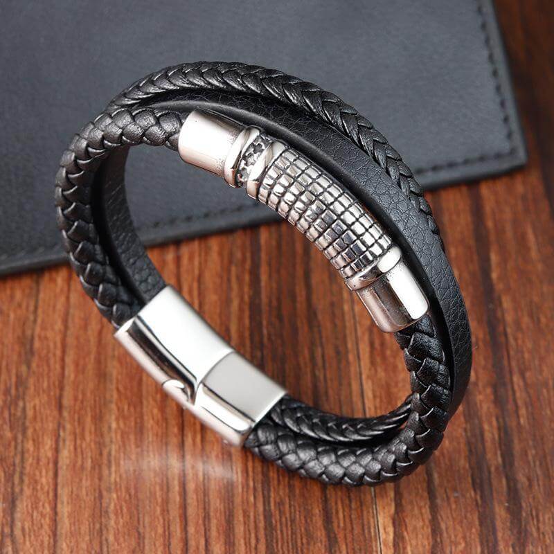THE MEN THING Leather Bracelet RAVEN NEXA BLACK - Genuine Leather Multi-Layer Braided Bracelet with Stainless Steel Magnetic Buckle for Men & Boys (8 inch)