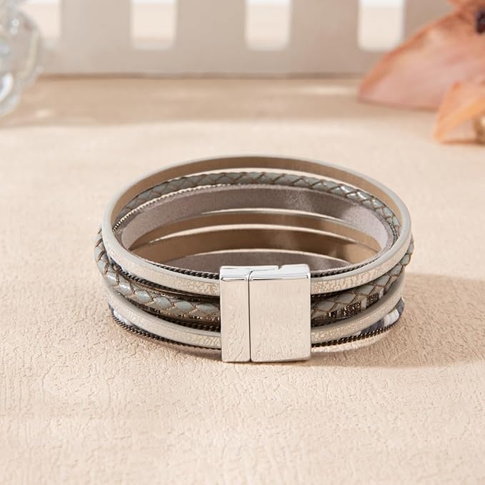 THE MEN THING Leather Bracelet REGALIA - Gray Genuine Braided Leather Bracelet Set for Men & Boys (8 inch)