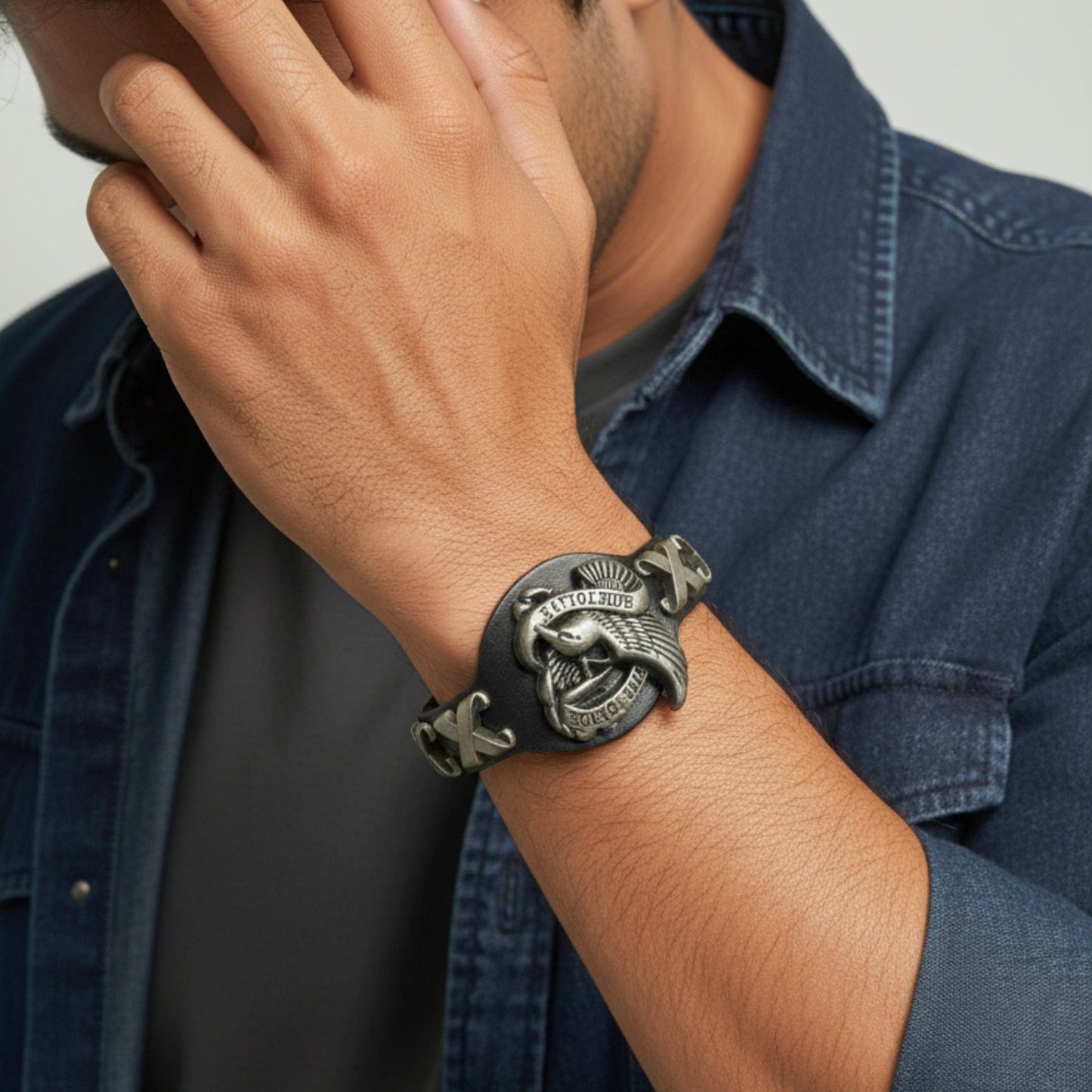 THE MEN THING Leather Bracelet RIDESOUL EAGLE - 17mm Black Genuine Leather Adjustable Bracelet for Men & Boys (9.8 inch)