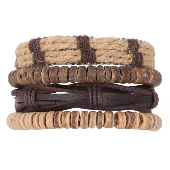 THE MEN THING Leather Bracelet ROAMER’S BAND - 4 Pcs Genuine Braided Leather Bracelet Set for Men & Boys (8 inch)