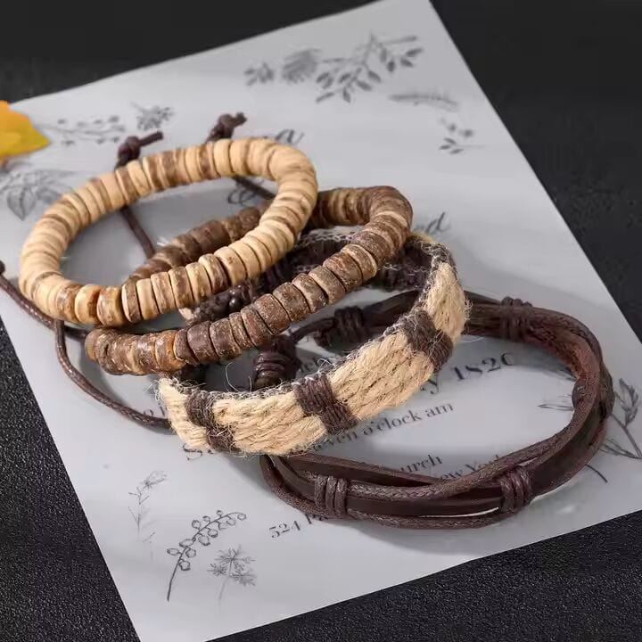 THE MEN THING Leather Bracelet ROAMER’S BAND - 4 Pcs Genuine Braided Leather Bracelet Set for Men & Boys (8 inch)
