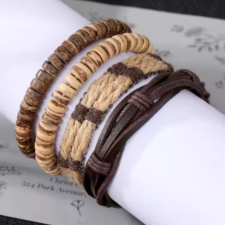 THE MEN THING Leather Bracelet ROAMER’S BAND - 4 Pcs Genuine Braided Leather Bracelet Set for Men & Boys (8 inch)