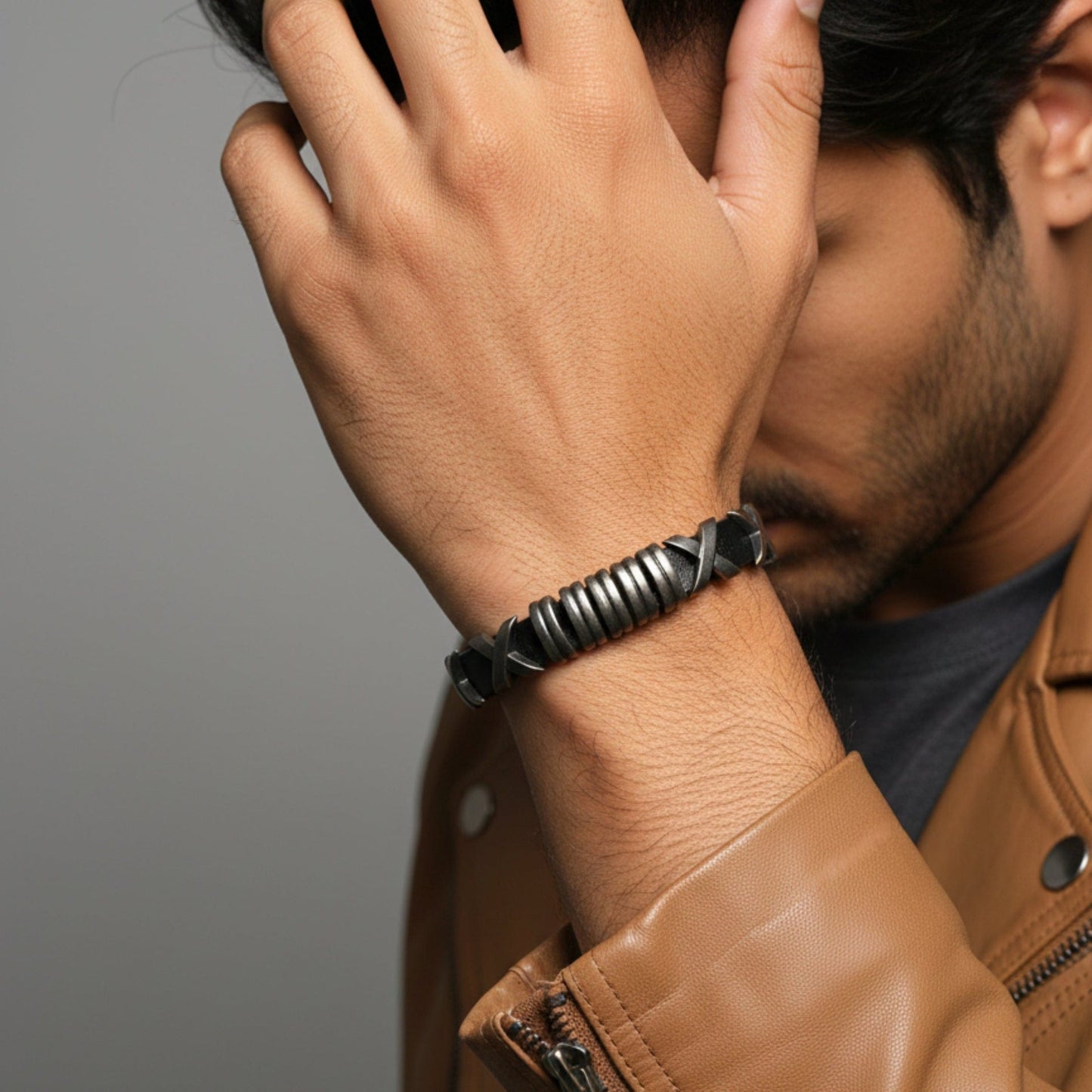 THE MEN THING Leather Bracelet ROGUE X - 10mm Black Genuine Leather Adjustable Bracelet for Men & Boys (9.8 inch)