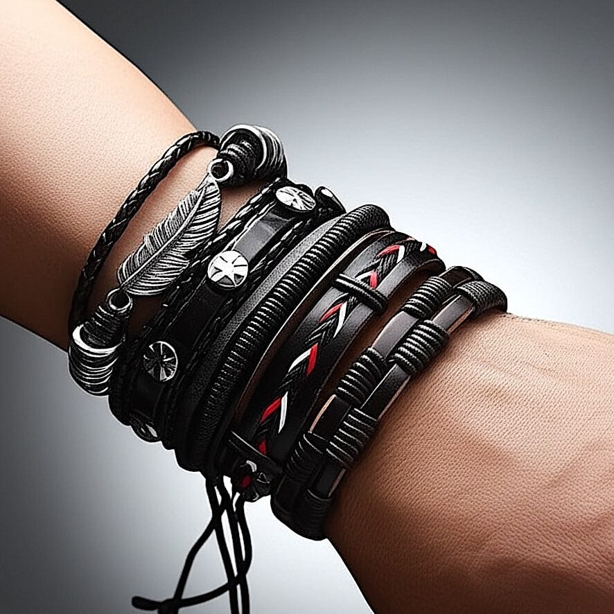THE MEN THING Leather Bracelet ROYAL SENTINEL - 5 Pcs Genuine Braided Leather Bracelet Set for Men & Boys (8 inch)