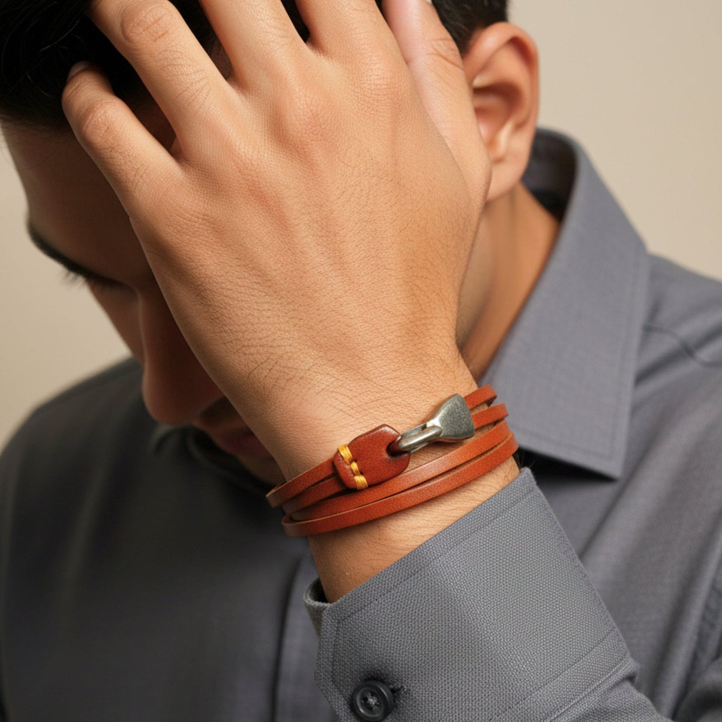THE MEN THING Leather Bracelet RUSTIC LOOP - 9mm Brown Genuine Leather Adjustable Bracelet for Men & Boys (24 inch)