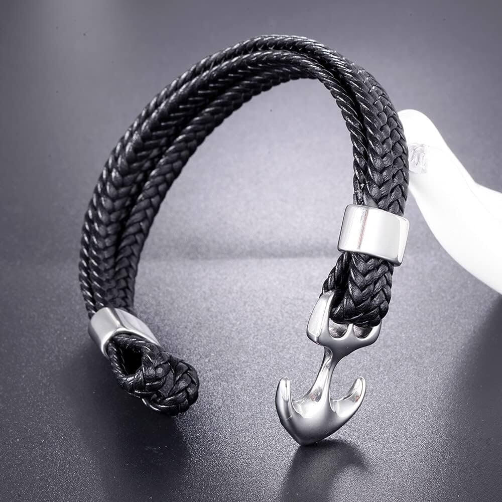 THE MEN THING Leather Bracelet SEAFARER ANCHOR BLACK - Genuine Leather Double Layer Braided Bracelet with Stainless Steel Anchor Hook for Men & Boys (8 inch)