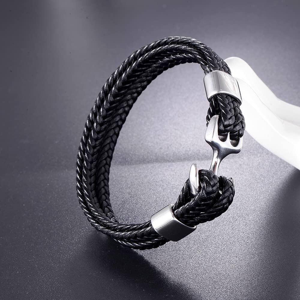 THE MEN THING Leather Bracelet SEAFARER ANCHOR BLACK - Genuine Leather Double Layer Braided Bracelet with Stainless Steel Anchor Hook for Men & Boys (8 inch)