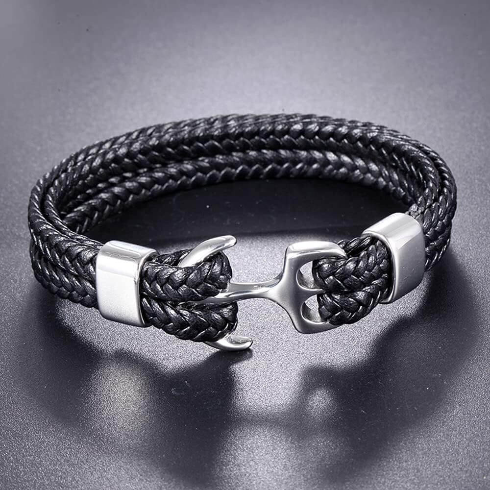 THE MEN THING Leather Bracelet SEAFARER ANCHOR BLACK - Genuine Leather Double Layer Braided Bracelet with Stainless Steel Anchor Hook for Men & Boys (8 inch)