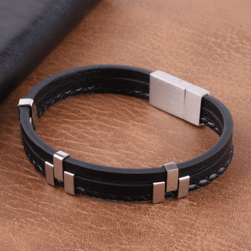 THE MEN THING Leather Bracelet SINEW BLACK - Genuine Leather Multi-Layer Braided Bracelet with Stainless Steel Open Box Clasps for Men & Boys (8 inch)