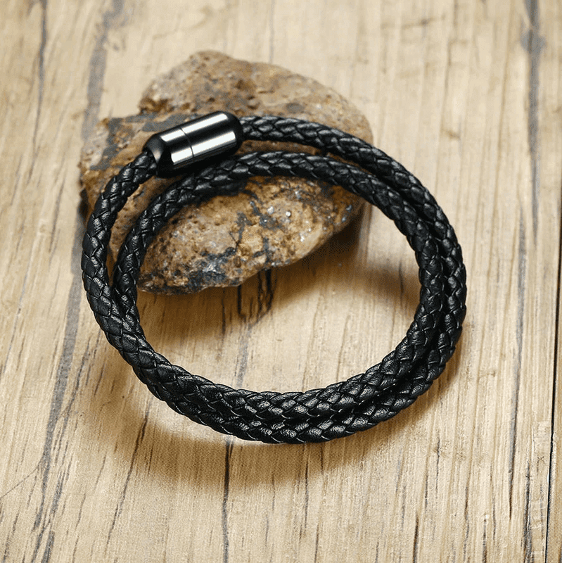 THE MEN THING Leather Bracelet STARRY TWINE BLACK - American Style Genuine Braided Leather Bracelet with Stainless Steel Clasp Magnetic Buckle for Men & Boy (8 inch)