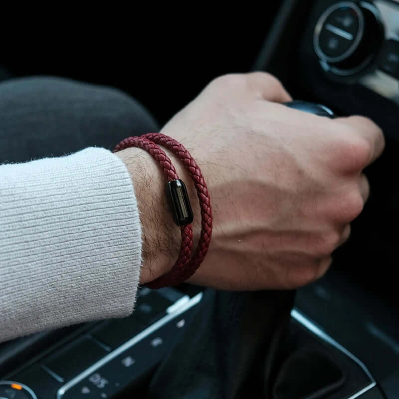 THE MEN THING Leather Bracelet STARRY TWINE RED - American Style Genuine Braided Leather Bracelet with Stainless Steel Clasp Magnetic Buckle for Men & Boy (8 inch)