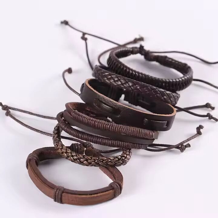 THE MEN THING Leather Bracelet STRING WOVEN - Multi-layer Set Genuine Braided Leather Bracelet Set for Men & Boys (8 inch)