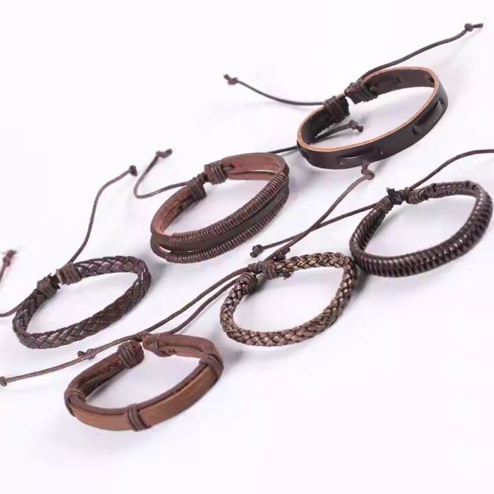 THE MEN THING Leather Bracelet STRING WOVEN - Multi-layer Set Genuine Braided Leather Bracelet Set for Men & Boys (8 inch)