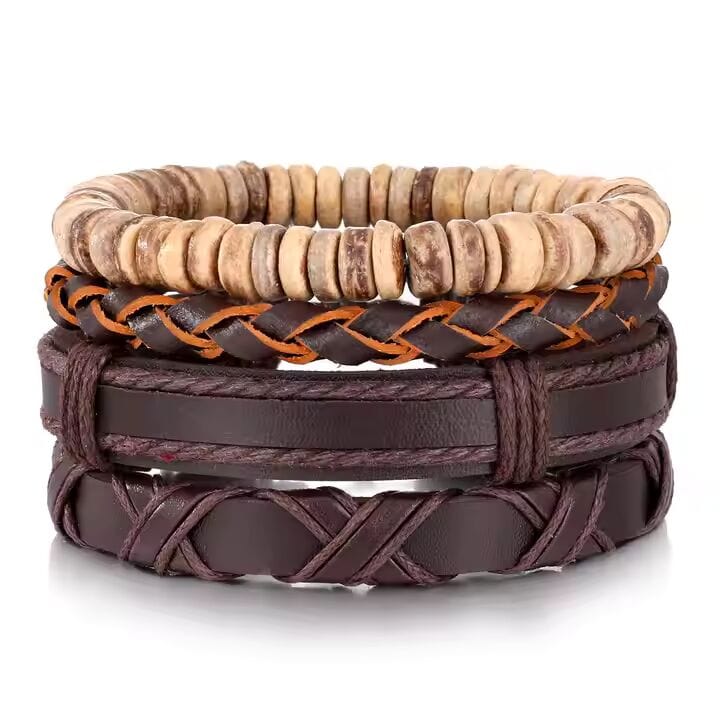 THE MEN THING Leather Bracelet SURVIVOR’S STRAND - 4 Pcs Genuine Braided Leather Bracelet Set for Men & Boys (8 inch)