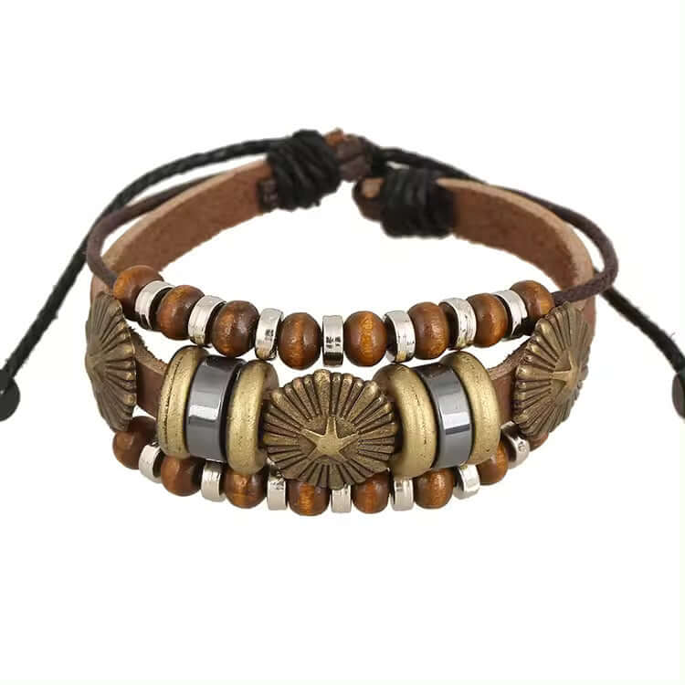 THE MEN THING Leather Bracelet TERRA BROWN - Genuine Leather Multi-Layer Beads Bracelet with Adjustable Rope for Men & Boys