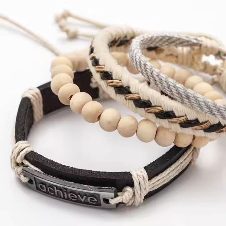 THE MEN THING Leather Bracelet TRAVERSE KNOT - 4 Pcs Genuine Braided Leather Bracelet Set for Men & Boys (8 inch)