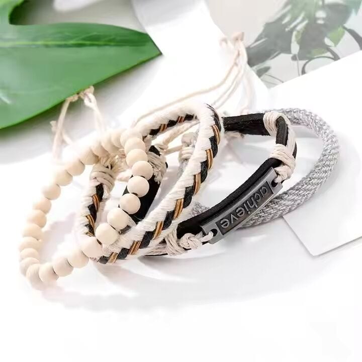 THE MEN THING Leather Bracelet TRAVERSE KNOT - 4 Pcs Genuine Braided Leather Bracelet Set for Men & Boys (8 inch)