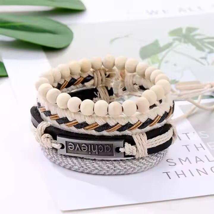 THE MEN THING Leather Bracelet TRAVERSE KNOT - 4 Pcs Genuine Braided Leather Bracelet Set for Men & Boys (8 inch)