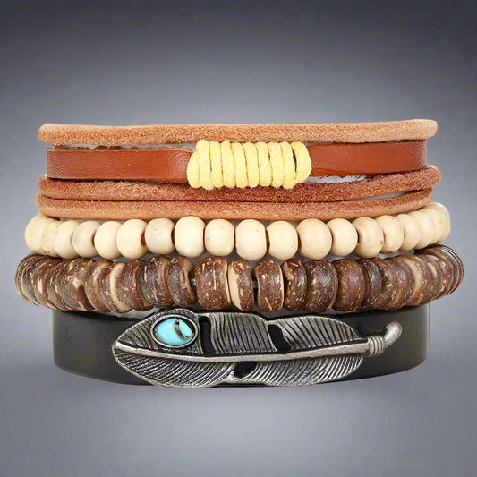 THE MEN THING Leather Bracelet TRIBAL FEATHER STACK -  4 Pcs Genuine Braided Leather Bracelet Set for Men & Boys (8 inch)