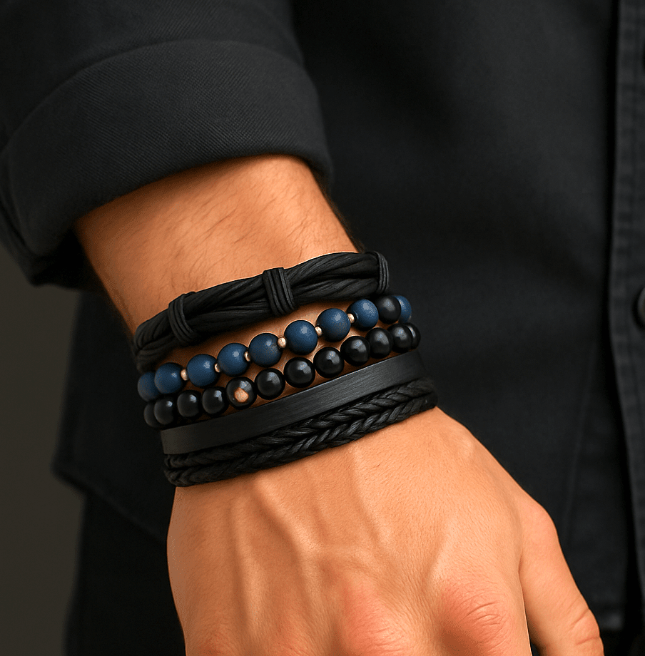 THE MEN THING Leather Bracelet TWILIGHT FORGE - 4 Pcs Genuine Braided Leather Bracelet Set for Men & Boys (8 inch)