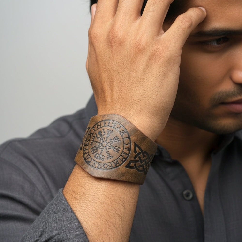 THE MEN THING Leather Bracelet VEGVISIR RUNIC - 50.7mm Brown Genuine Leather Adjustable Bracelet for Men & Boys (9.5 inch)