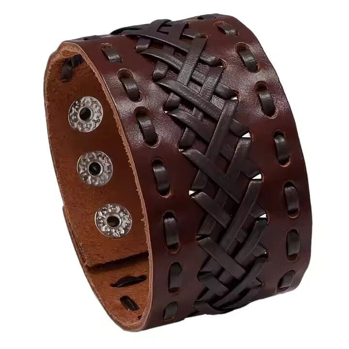 THE MEN THING Leather Bracelet VERTEX STRAP BROWN - Genuine Braided Leather Bracelet Set for Men & Boys (8 inch)