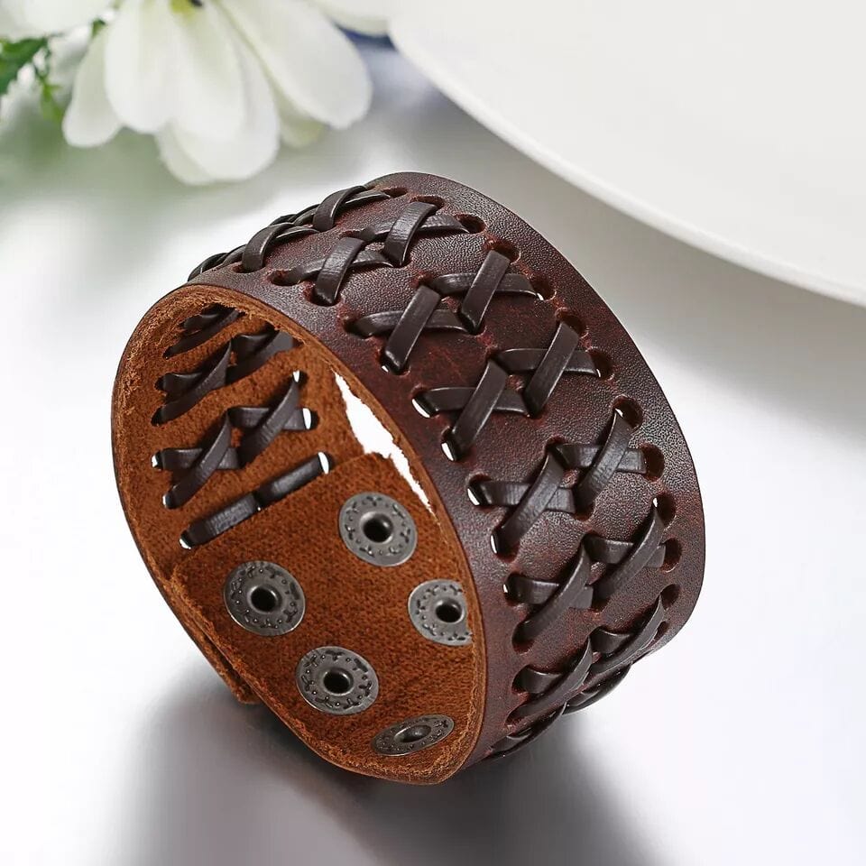 THE MEN THING Leather Bracelet VERTEX STRAP BROWN - Genuine Braided Leather Bracelet Set for Men & Boys (8 inch)