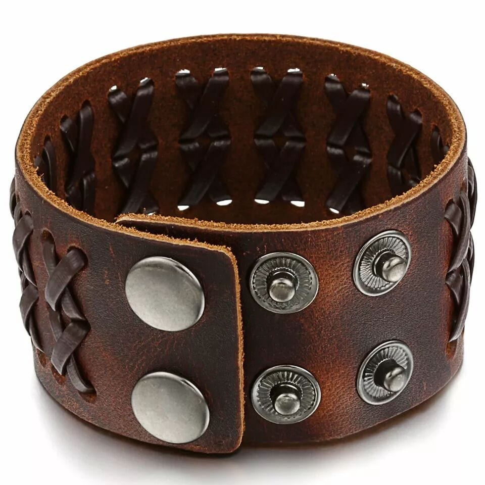 THE MEN THING Leather Bracelet VERTEX STRAP BROWN - Genuine Braided Leather Bracelet Set for Men & Boys (8 inch)