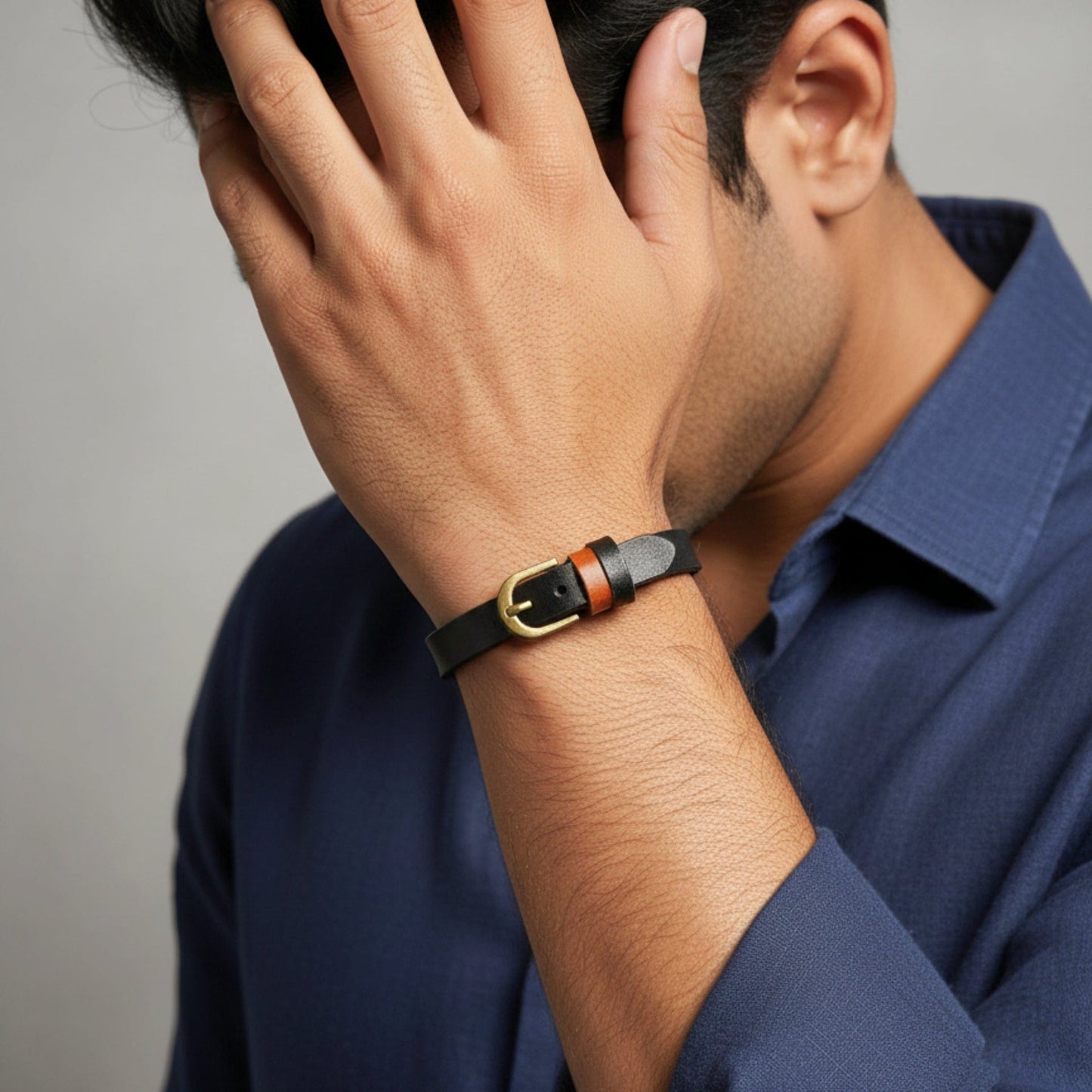 THE MEN THING Leather Bracelet VINTAGE LOOP - 10mm Black Genuine Leather Adjustable Bracelet for Men & Boys (9.8 inch)