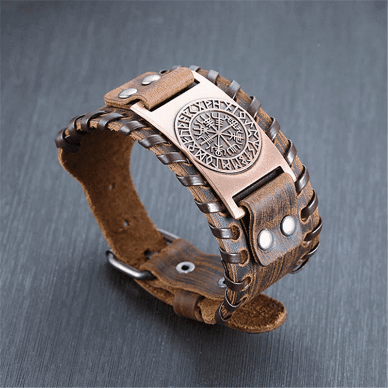 THE MEN THING Leather Bracelet WAYFINDER VIKING BROWN - "38"mm Wide Genuine Leather Adjustable Cuff Bracelet with Stainless Steel Hook for Men & Boys