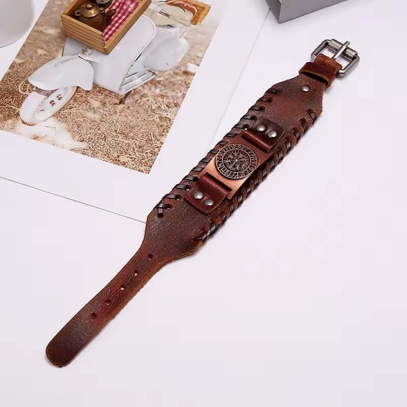 THE MEN THING Leather Bracelet WAYFINDER VIKING BROWN - "38"mm Wide Genuine Leather Adjustable Cuff Bracelet with Stainless Steel Hook for Men & Boys