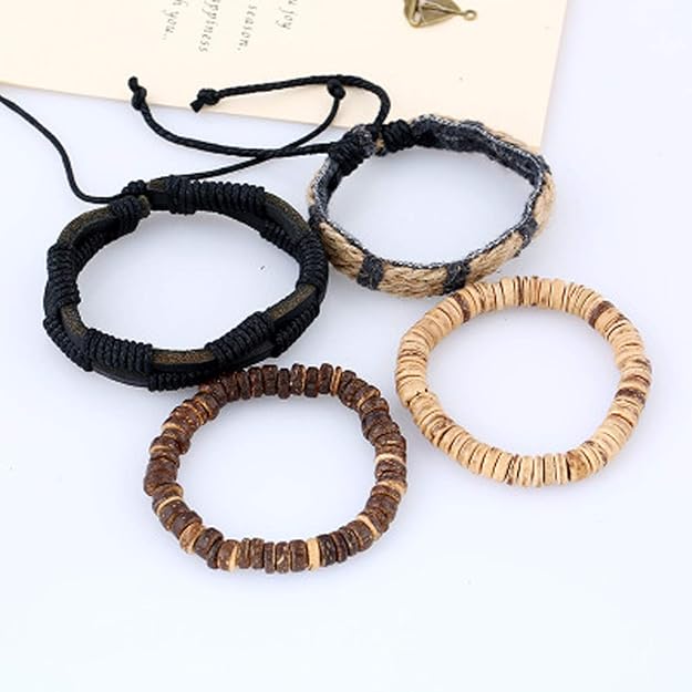 THE MEN THING Leather Bracelet WILDERNESS BAND - 4 Pcs Genuine Braided Leather Bracelet Set for Men & Boys (8 inch)