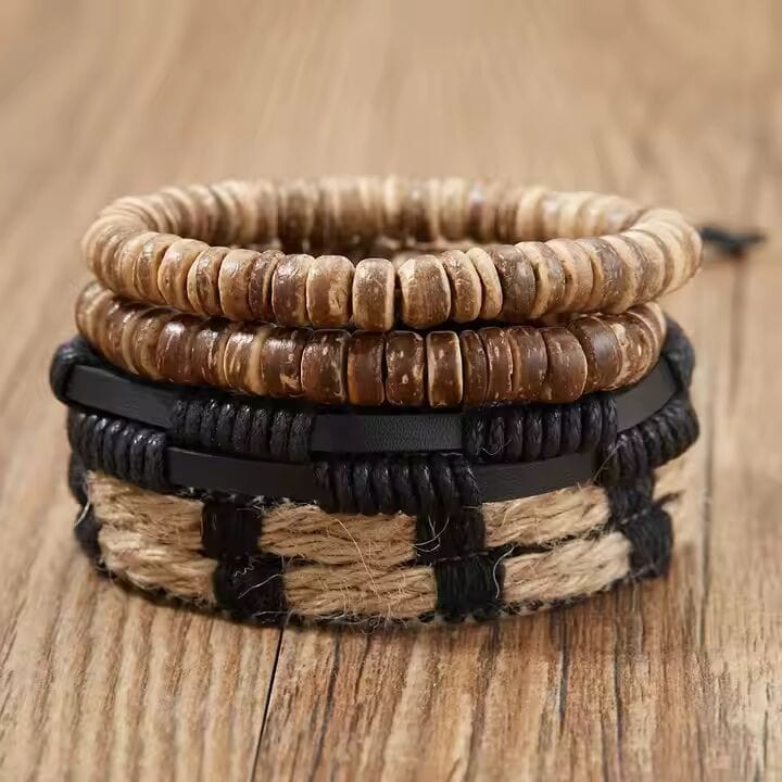 THE MEN THING Leather Bracelet WILDERNESS BAND - 4 Pcs Genuine Braided Leather Bracelet Set for Men & Boys (8 inch)