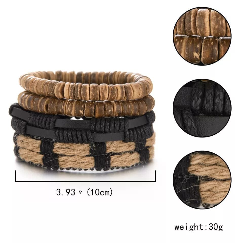 THE MEN THING Leather Bracelet WILDERNESS BAND - 4 Pcs Genuine Braided Leather Bracelet Set for Men & Boys (8 inch)