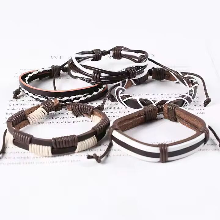 THE MEN THING Leather Bracelet WOLFBANE STRAPS - 5 Pcs Genuine Braided Leather Bracelet Set for Men & Boys (8 inch)