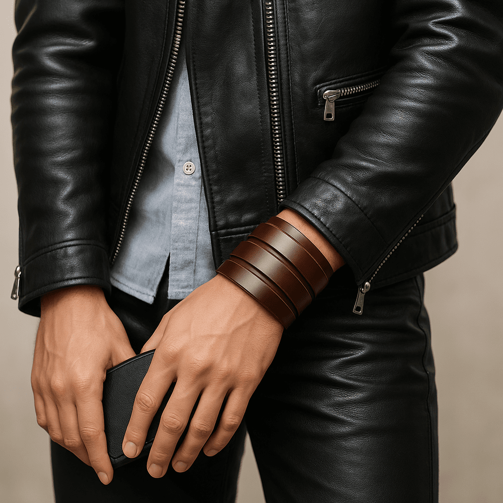 THE MEN THING Leather Bracelet WRAITHBINDER BROWN - Genuine Braided Leather Bracelet Set for Men & Boys (8inch)