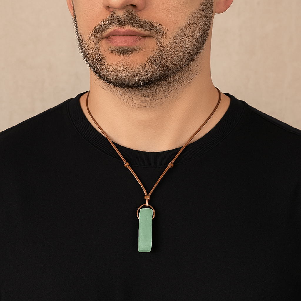 THE MEN THING Leather Necklace AMAZONITE AURA - Natural Crystal Pendant with Adjustable Pure Leather Cord Necklace for Men & Boys