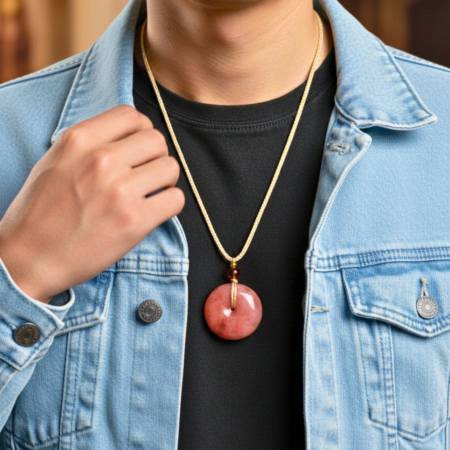 THE MEN THING Leather Necklace BLUSHSTONE AMULET – 1-Inch Natural Crystal Pendant with Adjustable Rope for Men & Boys