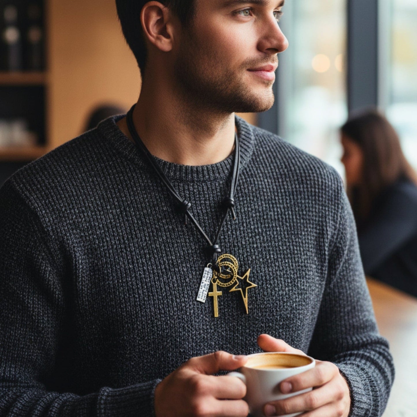 THE MEN THING Leather Necklace BRASS VOYAGER STAR CROSS – 1.5-Inch Pure Stainless Steel Pendant with Adjustable Leather Rope for Men & Boys