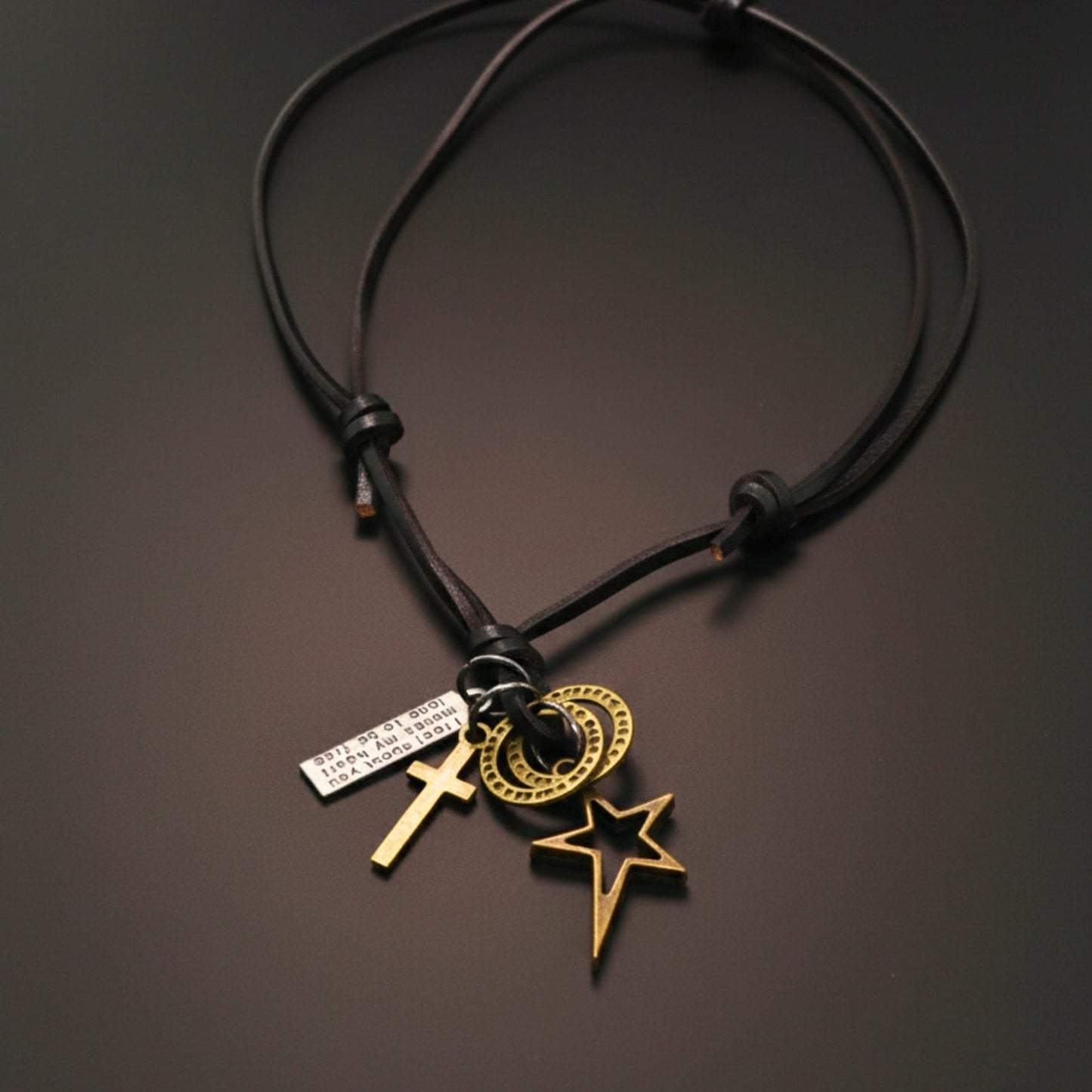 THE MEN THING Leather Necklace BRASS VOYAGER STAR CROSS – 1.5-Inch Pure Stainless Steel Pendant with Adjustable Leather Rope for Men & Boys