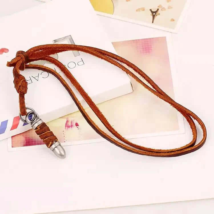THE MEN THING Leather Necklace BULLETWRAP BROWN - Vintage Alloy Bullet Pendant with Adjustable Pure Leather Cord Necklace for Men & Boys