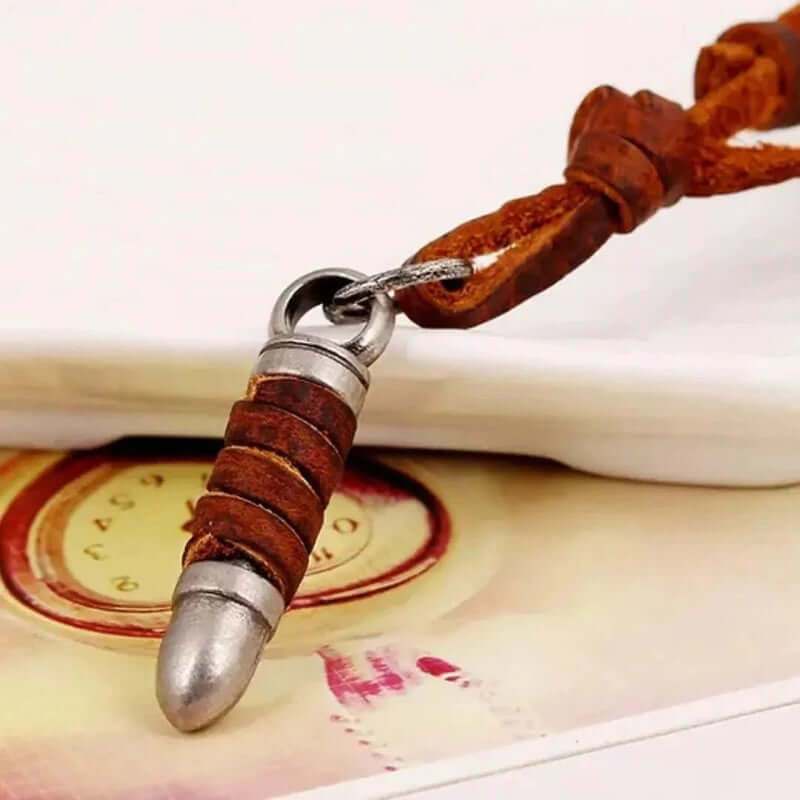 THE MEN THING Leather Necklace BULLETWRAP BROWN - Vintage Alloy Bullet Pendant with Adjustable Pure Leather Cord Necklace for Men & Boys