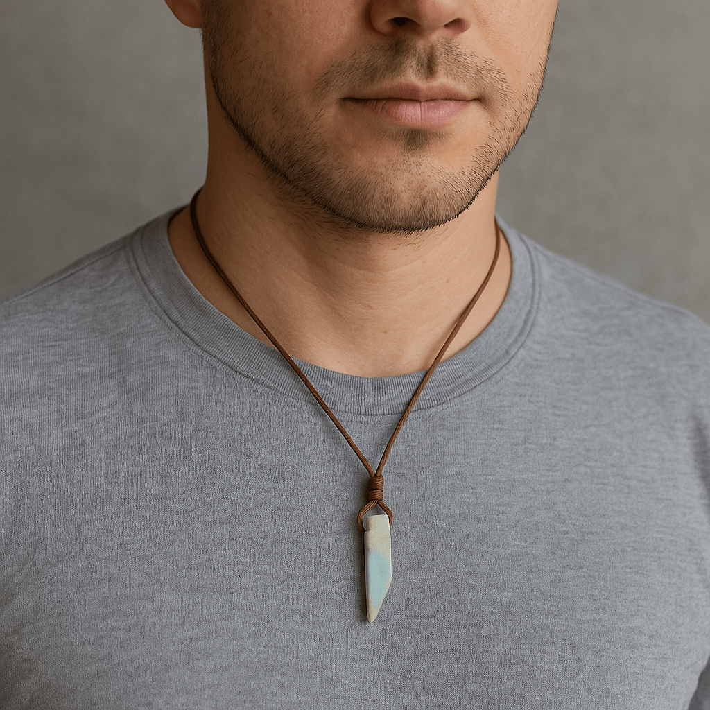 THE MEN THING Leather Necklace CARIBBEAN CALCITE - Natural Crystal Unshaped Pendant with Adjustable Rope Chain for Men and Boys