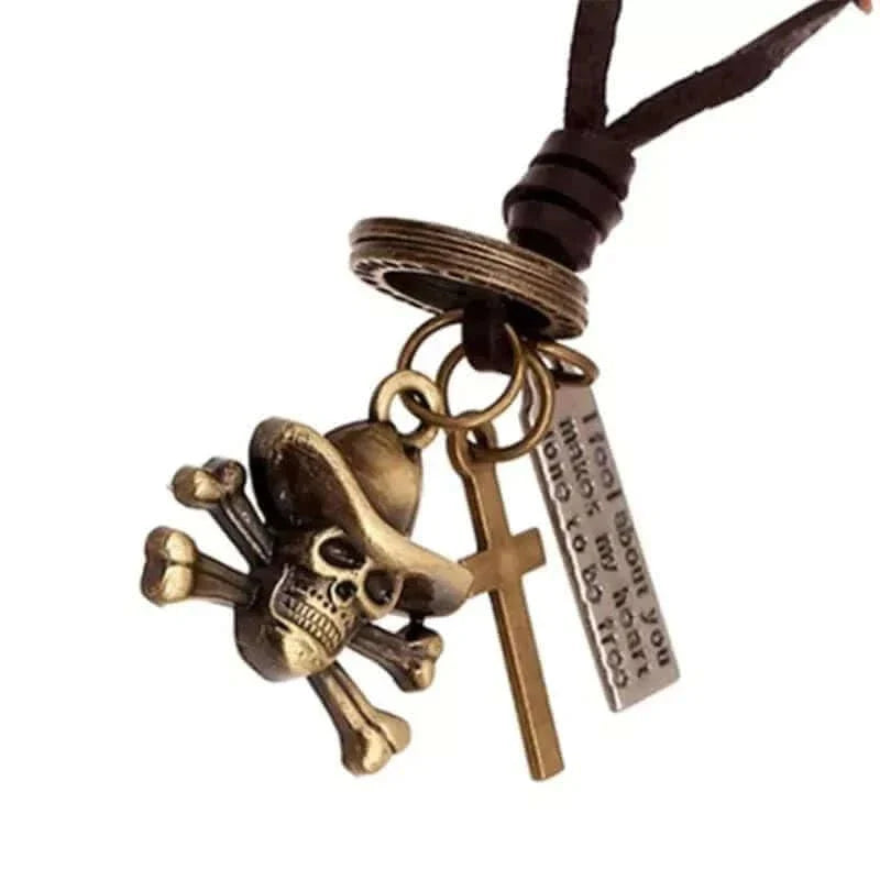THE MEN THING Leather Necklace COWBOY SKULL - Vintage Alloy Hat Skull Pendant with Adjustable Pure Leather Cord Necklace for Men & Boys