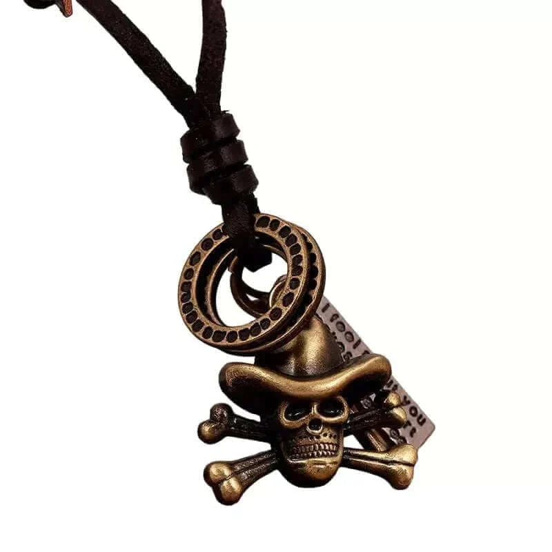 THE MEN THING Leather Necklace COWBOY SKULL - Vintage Alloy Hat Skull Pendant with Adjustable Pure Leather Cord Necklace for Men & Boys